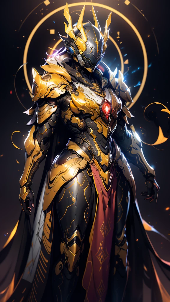 A woman adorned in fantasy-style full-body armor, a crown-concept fully enclosed helmet that unveils only her eyes, a composite layered chest plate, fully encompassing shoulder and hand guards, a lightweight waist armor, form-fitting shin guards, the overall design is heavy-duty yet flexible, (the armor gleams with a golden glow, complemented by red and blue accents), exhibiting a noble aura, she floats above a fantasy-surreal high-tech city, this character embodies a finely crafted fantasy-surreal style armored hero in anime style, exquisite and mature manga art style, (mixture of Queen bee and Spider concept Armor, plasma), ((Element, elegant, goddess, femminine:1.5)), metallic, high definition, best quality, highres, ultra-detailed, ultra-fine painting, extremely delicate, professional, anatomically correct, symmetrical face, extremely detailed eyes and face, high quality eyes, creativity, RAW photo, UHD, 32k, Natural light, cinematic lighting, masterpiece-anatomy-perfect, masterpiece:1.5