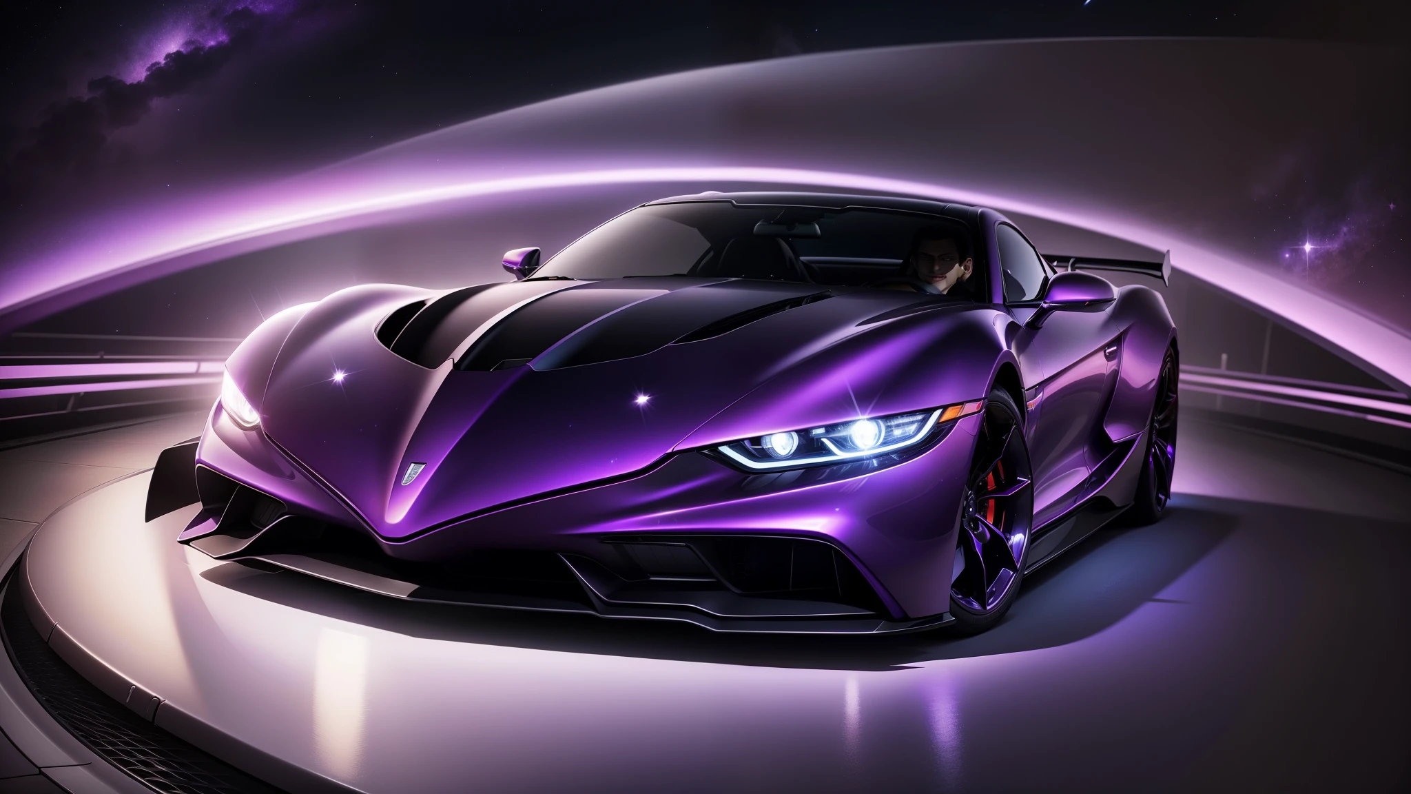 Magnificent Purple Car Smiling at the Sky, a Masterpiece of Stunning Beauty:
Under the infinite canopy of twinkling stars, a regal purple car stands, its polished surface reflecting the heavenly lights and casting a mesmerizing glow over the surroundings. The car, a beacon of its kind, exudes an aura of elegance and power. Its sleek design, coupled with the striking shade of purple, makes it a sight to behold. The scenes of the sky and stars captured in the mirrored surface of the car add a mystical touch to its grandeur. This is not just a car; it's a work of art, a symbol of the harmony