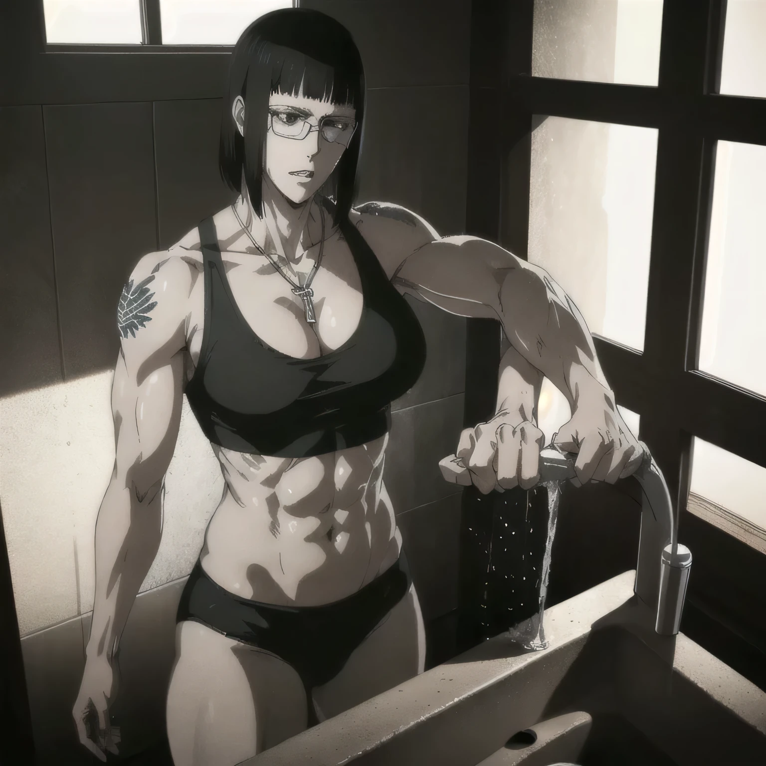 (best quality,ultra-detailed,realistic:1.37),musclaur badass girl with sculpted body with preview her musclaur body and six-pack, full review of the female character's face and body, intense expression,studio lighting, vivid colors, physiologically-based rendering, grungy texture, rugged background, dust particles in the air, commanding presence, professional, powerful, gritty aesthetics,,Valmet،short hair،tattoos on shoulders,,Shining muscles, muscle protrusion,wearing military male black underwear and midriff tank top,necklace,Valmet have a sex muscles,eyepatch,penis,wet body,wet clothes,white skin,water dropped on body,Shining skin,in bathroom, standing in front of a Hand washbasin,washing a hands,Valmet only,sexy six-pack,sexy penis inside underwear,penisQuiron,penis growth inside underwear,sexy face,handsome face,kissing Valmet,Valmet kissing Valmet,