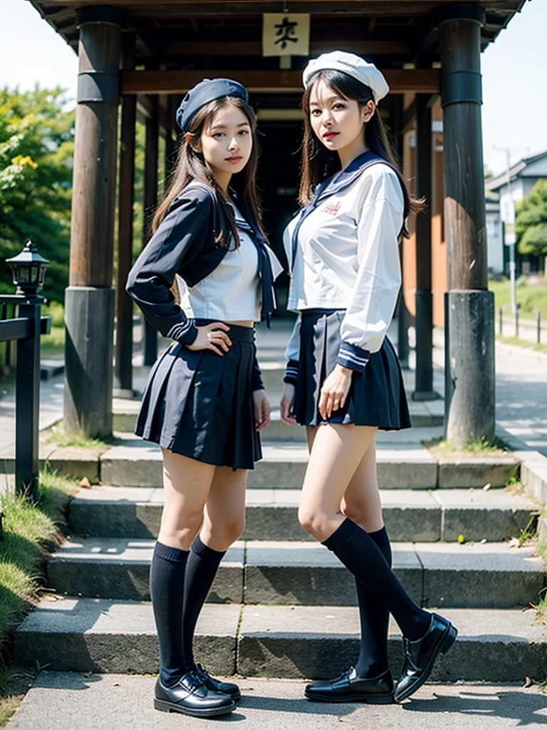 mix4, (16 K, Raw photography, Top image quality, masterpiece: 1.45), (realisitic, Photorealsitic: 1.37), one girls, 7.5, etc、Random hairstyle、Standing figure,Noon time slot、a very cute, Precincts of the shrine,stone stairs, profetional lighting, photon maping, a park、physically-based renderingt, Gradient dark brown hair,, a handsome, Well-groomed and beautiful eyes、Large double eyelids、Very shiny、girl with, (((student clothes、Long sleeve sailor suit worn by Japan schoolgirl、red cuffs、Dark blue mini skirt, Small gray beret、Dark blue knee-high socks、Black loafers))), Top Quality Photos, hight resolution, 1080p, (clearface), (Detailed face description), (Detailed hand description), (masterpiece), (Exquisite CG)、extreme light and shadows、dishevled hair、master work、abundant detail、(Fine facial features)、(top quality photo)、(masuter piece)、(A detailed eye)、Look in front of you、Fine clavicle、((Slender big))、(((Japan schoolgirl in long-sleeved sailor suit)))、((Ready Idol System))、((Precincts of the shrine、torii gate、Tesuisha、Komainu))、(Shooting from random perspectives)、(((Anyway cute)))、耳Nipple Ring、A big smile、Drawing the whole body from the knees、Do not draw nasolabial folds、(((Long-sleeved sailor suit)))、(Big breasts that hang down big:1.2)、Big buttocks with tension、Two arms and two legs、(((from the front side:1.1)))、bare hand、No mask、