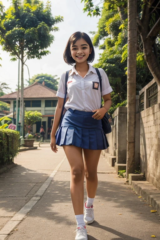 Young sweet beautiful Bogor city school girl, slim body, very georgeus face, ************, wearing Indonesian , sassy girl,  wavy short hairs, walking on side walk cheerful going to the school in the sunny morning, very realistic, very detail, no cartoon, 