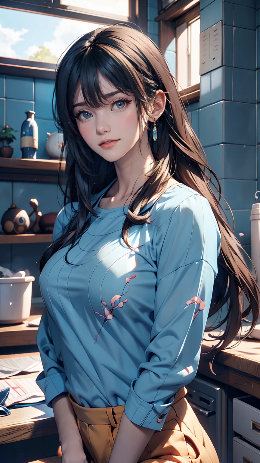 Anime girl with long hair and a blue shirt posing for a photo, Realistic Anime 3D Style, 3D Anime Real, Photorealistic Animation, Photorealistic Animation girl render, Smooth anime CG art, Anime Styled 3d, Realistic anime art style, Anime realism style, Anime Style. 8k, Realistic young anime girl, Cute 3D anime girl render