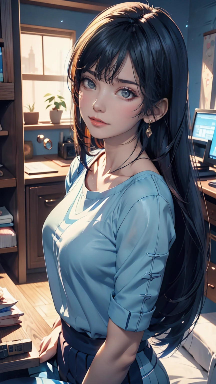 Anime girl with long hair and a blue shirt posing for a photo, Realistic Anime 3D Style, 3D Anime Real, Photorealistic Animation, Photorealistic Animation girl render, Smooth anime CG art, Anime Styled 3d, Realistic anime art style, Anime realism style, Anime Style. 8k, Realistic young anime girl, Cute 3D anime girl render