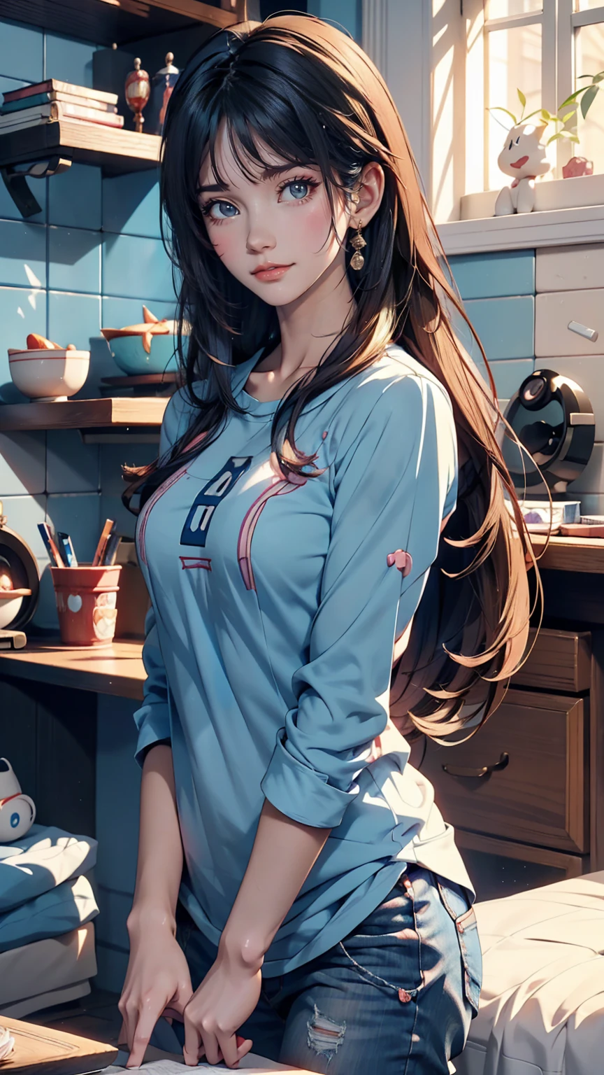 Anime girl with long hair and a blue shirt posing for a photo, Realistic Anime 3D Style, 3D Anime Real, Photorealistic Animation, Photorealistic Animation girl render, Smooth anime CG art, Anime Styled 3d, Realistic anime art style, Anime realism style, Anime Style. 8k, Realistic young anime girl, Cute 3D anime girl render