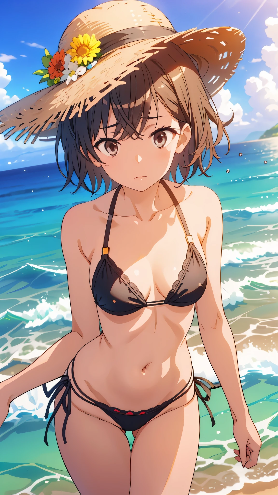 Black string bikini、Embarrassed expression、Black Hair、short hair、High resolution、high quality、summer、sunlight、Ocean、