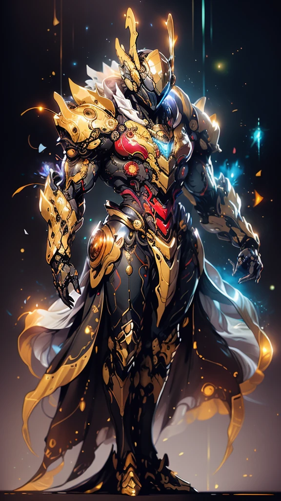 A woman adorned in fantasy-style full-body armor, a crown-concept fully enclosed helmet that unveils only her eyes, a composite layered chest plate, fully encompassing shoulder and hand guards, a lightweight waist armor, form-fitting shin guards, the overall design is heavy-duty yet flexible, (the armor gleams with a golden glow, complemented by red and blue accents), exhibiting a noble aura, she floats above a fantasy-surreal high-tech city, this character embodies a finely crafted fantasy-surreal style armored hero in anime style, exquisite and mature manga art style, (mixture of Queen bee and Spider concept Armor, plasma), ((Element, elegant, goddess, femminine:1.5)), metallic, high definition, best quality, highres, ultra-detailed, ultra-fine painting, extremely delicate, professional, anatomically correct, symmetrical face, extremely detailed eyes and face, high quality eyes, creativity, RAW photo, UHD, 32k, Natural light, cinematic lighting, masterpiece-anatomy-perfect, masterpiece:1.5