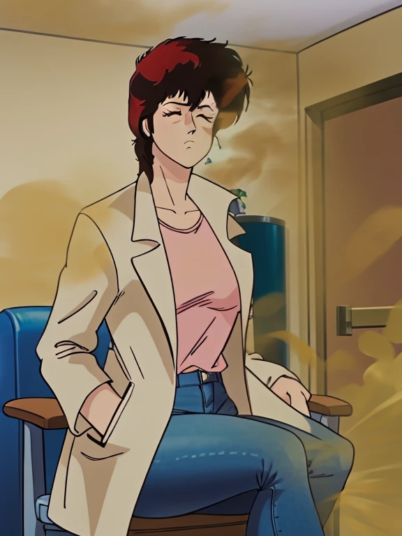 HD, high quality, high resolution, ultrahd,Kaori Makimura, 1female, solo, wearing default outfit, light pink shirt, white coat, wearing coat over tshirt, jeans, default hair, brown hair, very tall body, thin body, massive fart, yellow smoke, velocity, closed eyes, sitting on chair, leaning on chair, annoyed face, raising hips, lifting hips, alone in a room, viewing ass, beautiful lighting, highlights