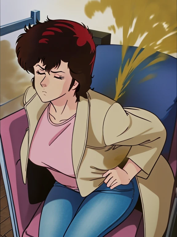 HD, high quality, high resolution, ultrahd,Kaori Makimura, 1female, solo, wearing default outfit, light pink shirt, white coat, wearing coat over tshirt, jeans, default hair, brown hair, very tall body, thin body, massive fart, yellow smoke, velocity, closed eyes, sitting on chair, leaning on chair, annoyed face, raising hips, lifting hips, alone in a room, viewing ass, beautiful lighting, highlights
