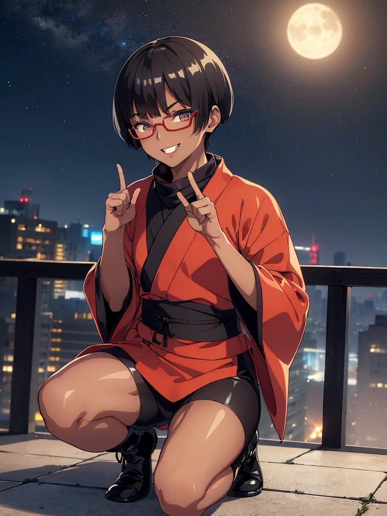 (flat chest:), (masterpiece:1.2), highest quality, High resolution, unity 8k wallpaper, (fine and beautiful eyes:1.6), highly detailed face, perfect lighting, Detailed CG, (perfect hands, perfect anatomy), (1 boy solo:1.4), 20 years old, black hair, extremely beautiful detailfeminine face and eyes, (evil smile:1.4), detailed eyes, best quality,( dark skin:1.8), (turtleneck shirt under yukata:1.2), (bike shorts:1.2), extremely detailed, very precise detailed, (glasses:1.3), blunt bangs, open mouth, (very short pixie cut:1.2), boots,fingerless gloves, smile, half closed eyes, ,(on kawara roof),night sky, ,long sidelocks,(long red Scarf),(yukata),(squatting), ears,(acrobat pose:1.3),(squat:1.3),leaning forward,(one knee dwon:1.5),(Put one foot in front:1.3),(stylish pose:1.4),(Raise middle fingers:1.5),(Put your hands together:1.5)