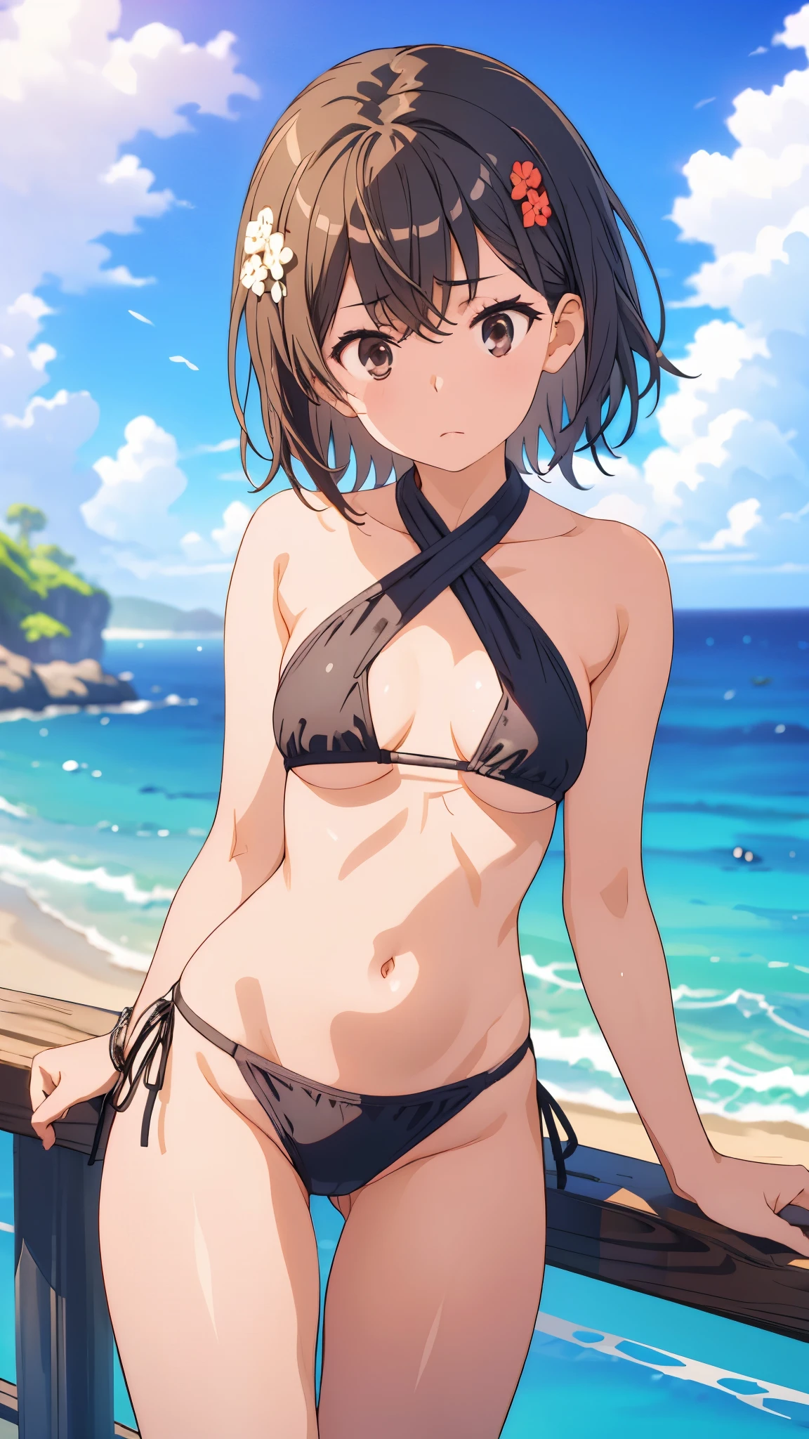 Black string bikini、Embarrassed expression、Black Hair、short hair、High resolution、high quality、summer、sunlight、Ocean、