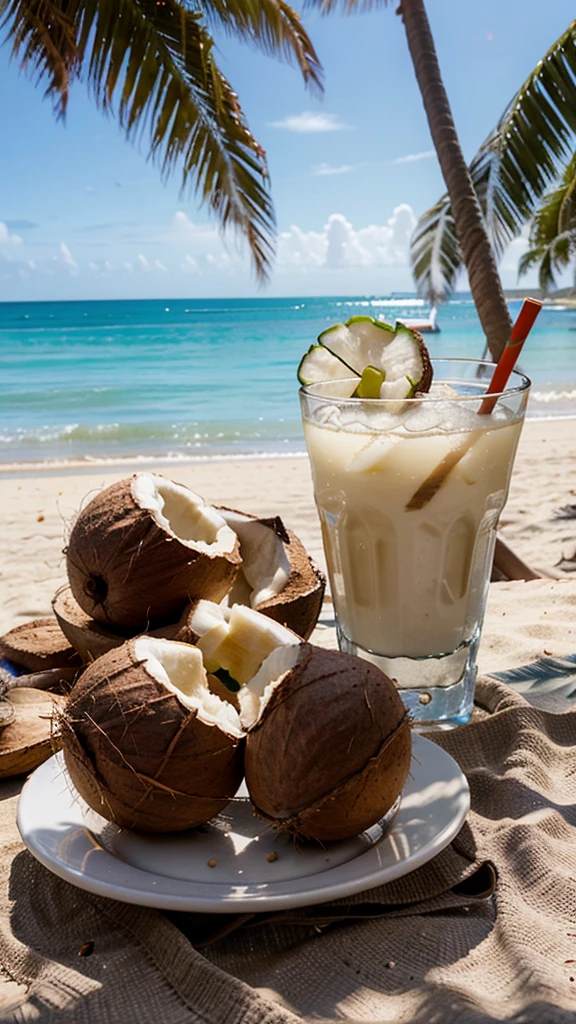 2 coconuts kept in 2 different plates , on a table , beach in background , straws into them 