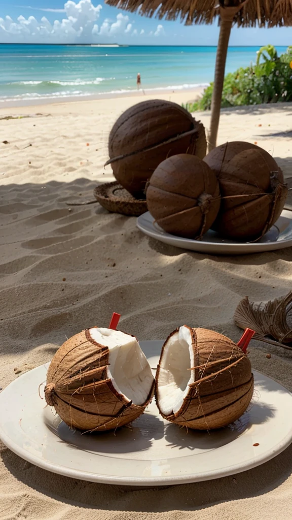 2 coconuts kept in 2 different plates , on a table , beach in background , straws into them