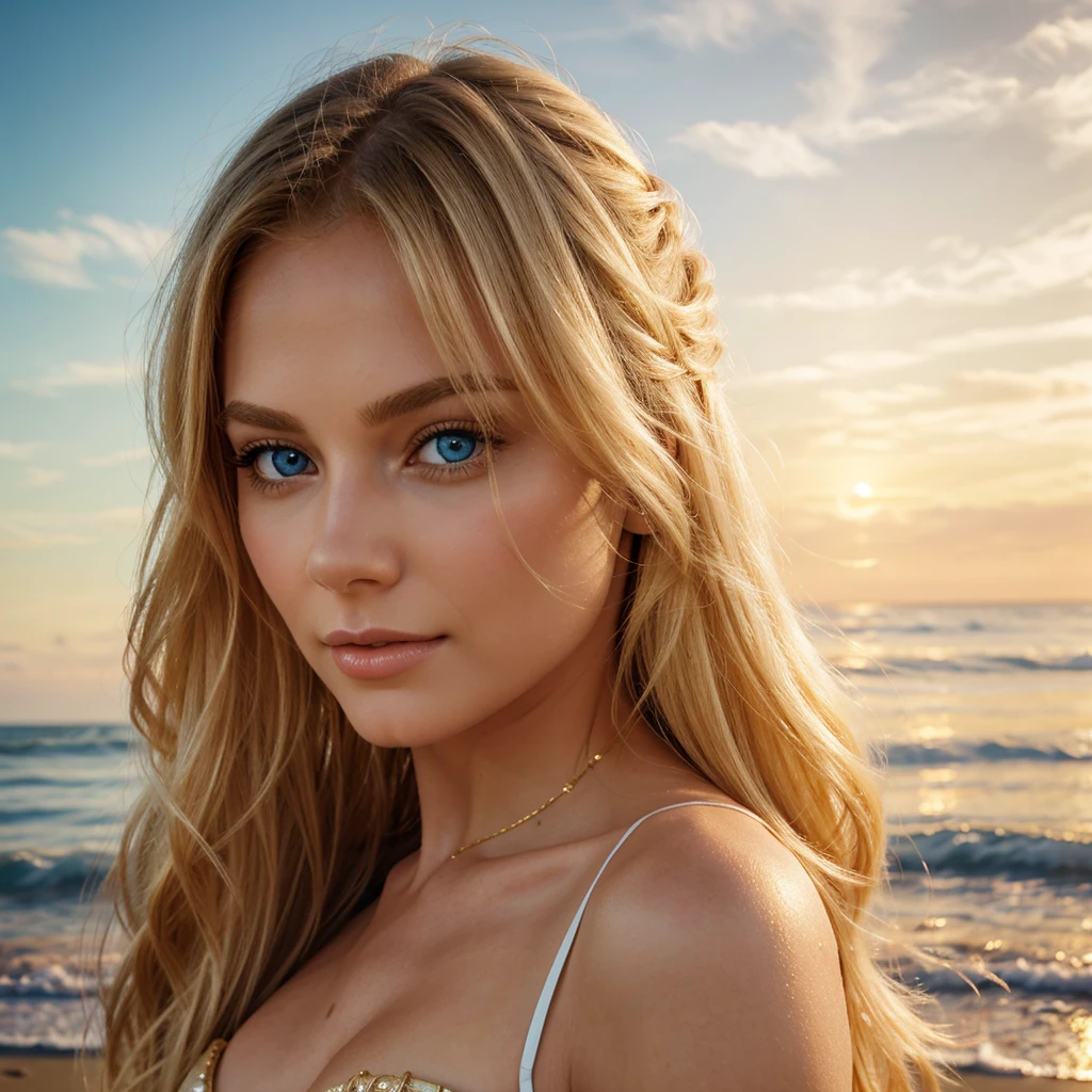 a beautiful blond woman on the beach, gorgeous detailed face, piercing blue eyes, full luscious lips, long eyelashes, flowing golden hair, smooth fair skin, elegant pose, soft sunlight, golden hour, serene ocean waves, sandy beach, warm colors, photorealistic, highly detailed, 8k, award winning digital painting, intricate details, vibrant colors, dramatic lighting, facing the camera