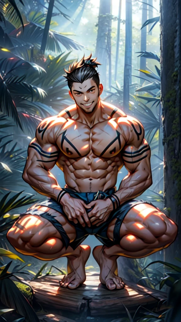 (A corner of the photo from bottom to top) (Highest quality images) Lion Man ,real, young,(Grinning) , Wearing shorts, Crotch protrusion, Anime Character, Squatting on the ground, Legs open, male face, bonito rosto young, Undercut Hair, Huge chest muscles, 大腿muscular, Biceps tendon, Huge body, Toned body due to intense training, muscular, 8-pack clear ABS, 3 meters high, Topless, , Glowing skin, Dihan.com,( Hands on thighs), barefoot, (No beard),Sitting on a wooden stake in the rainforest,Photos taken from a lower angle,