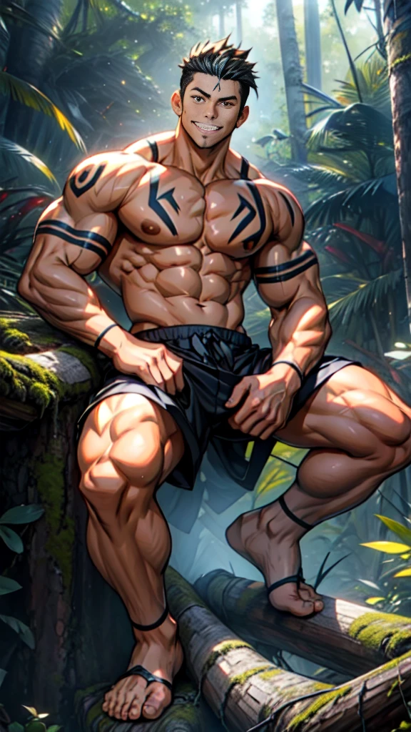 (A corner of the photo from bottom to top) (Highest quality images) Lion Man ,real, young,（Grinning） ， Wearing shorts, Crotch protrusion, Anime Character, Squatting on the ground, Legs open, male face, bonito rosto young, Undercut Hair, Huge chest muscles, 大腿muscular, Biceps tendon, Huge body, Toned body due to intense training, muscular, 8-pack clear ABS, 3 meters high, Topless, , Glowing skin, Dihan.com,（ Hands on thighs）, barefoot, （No beard），Sitting on a wooden stake in the rainforest，Photos taken from a lower angle,