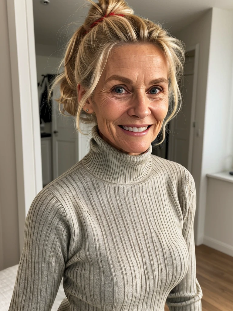 photo of a skinny very old wrinkly-faced faced mature blonde messy long hair thrown into a messy bun ponytail. She wears: (turtleneck soft high ribbed bright red super tight sweater:1.1), submissive seductive pose, high tight ribbed neck, seductive smile, perfect fake tits, horny eager granny, teasing sexy old lady