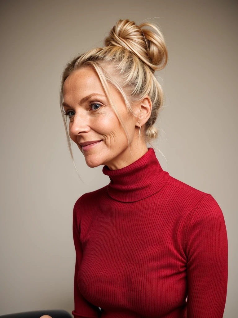 photo of a skinny very old wrinkly-faced faced mature blonde messy long hair thrown into a messy bun ponytail. She wears: (turtleneck soft high ribbed bright red super tight sweater:1.1), submissive seductive pose, high tight ribbed neck, seductive smile, perfect fake tits, horny eager granny, teasing sexy old lady