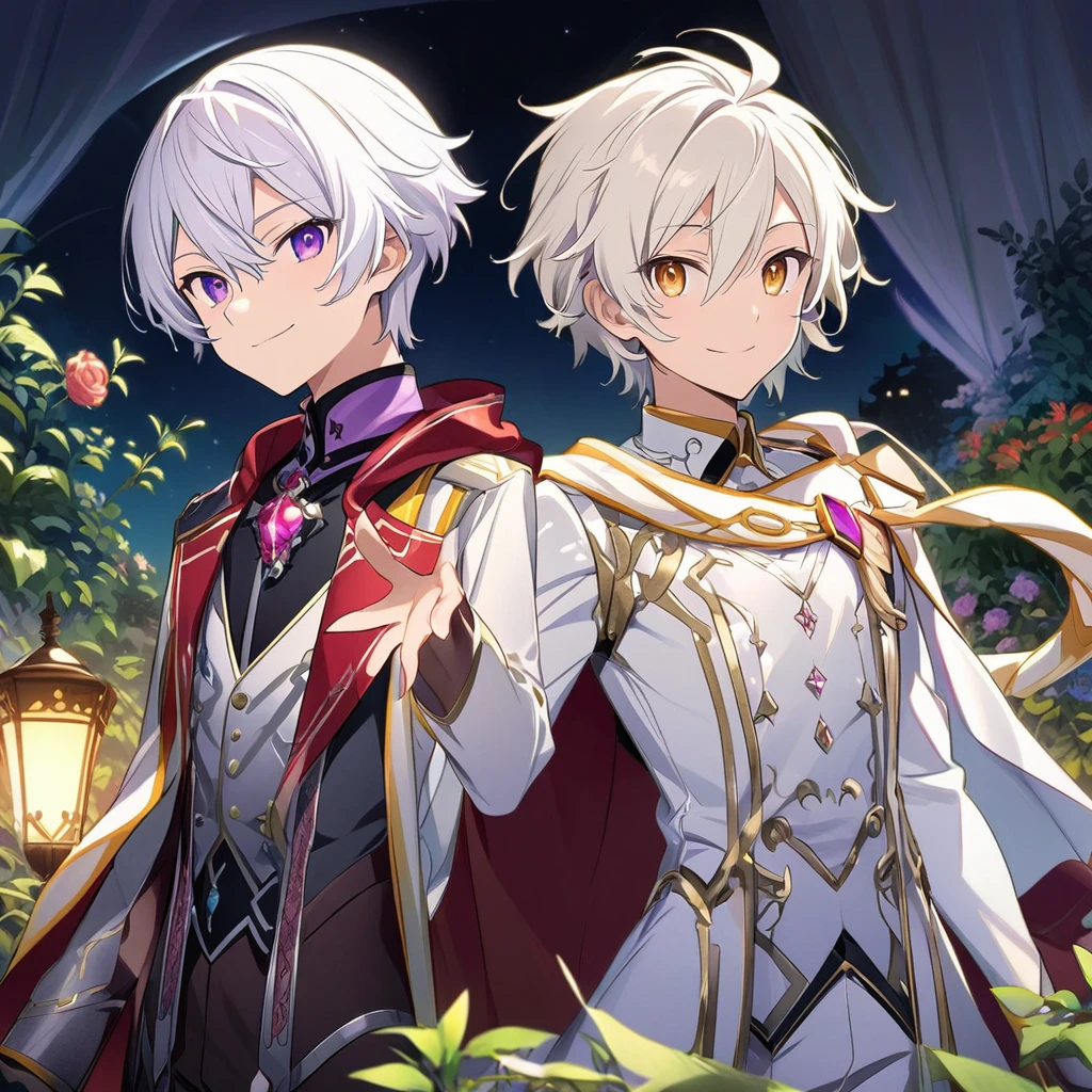 Aether \(AKB0048 Next Stage\), (short hair), (silvery white hair), (bejeweled eyes), (purple eyes):1.2, noble costume, smiling gently, cape, ((ultra-detailed)), ((illustration)), (neat hair)), (beautiful detailed eyes), (male), 1boy, ((garden, night)), looking at viewer
