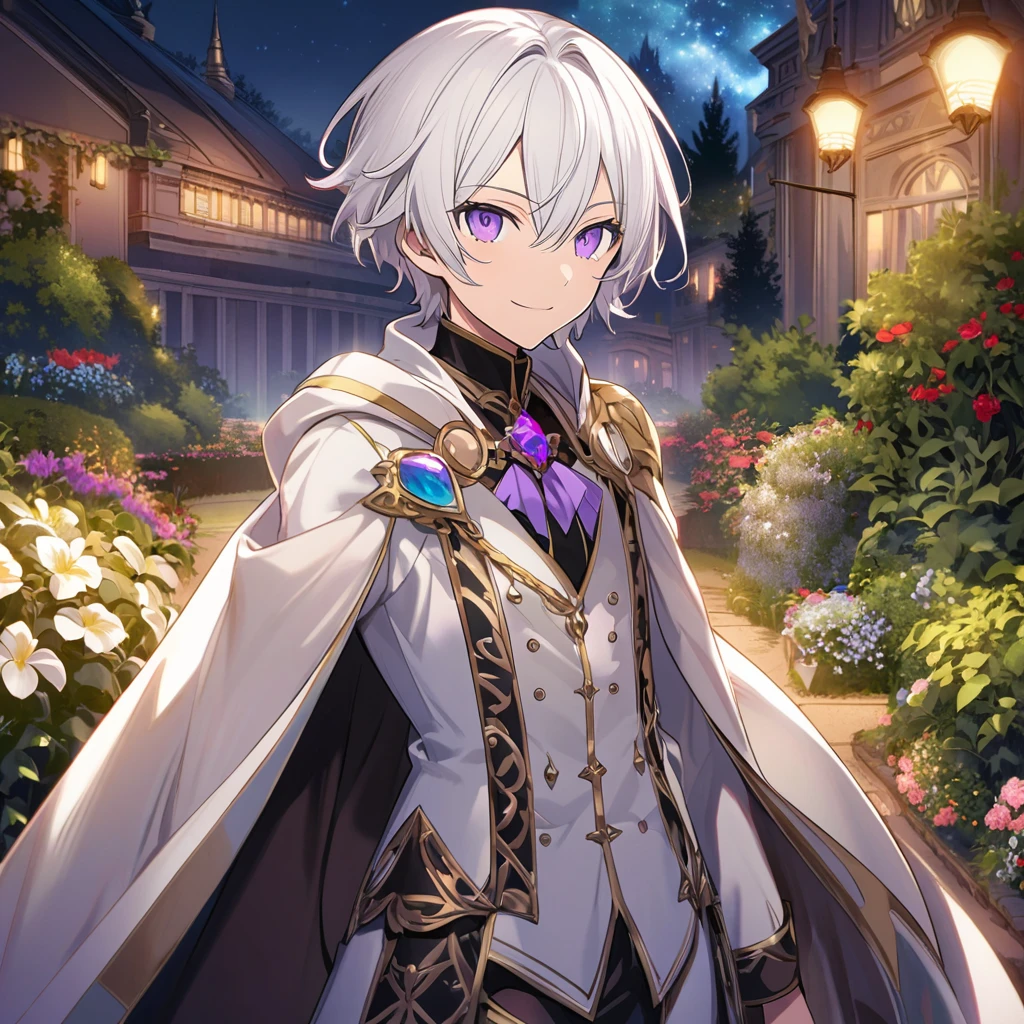 Aether \(AKB0048 Next Stage\), (short hair), (silvery white hair), (bejeweled eyes), (purple eyes):1.2, noble costume, smiling gently, cape, ((ultra-detailed)), ((illustration)), (neat hair)), (beautiful detailed eyes), (male), 1boy, ((garden, night)), looking at viewer