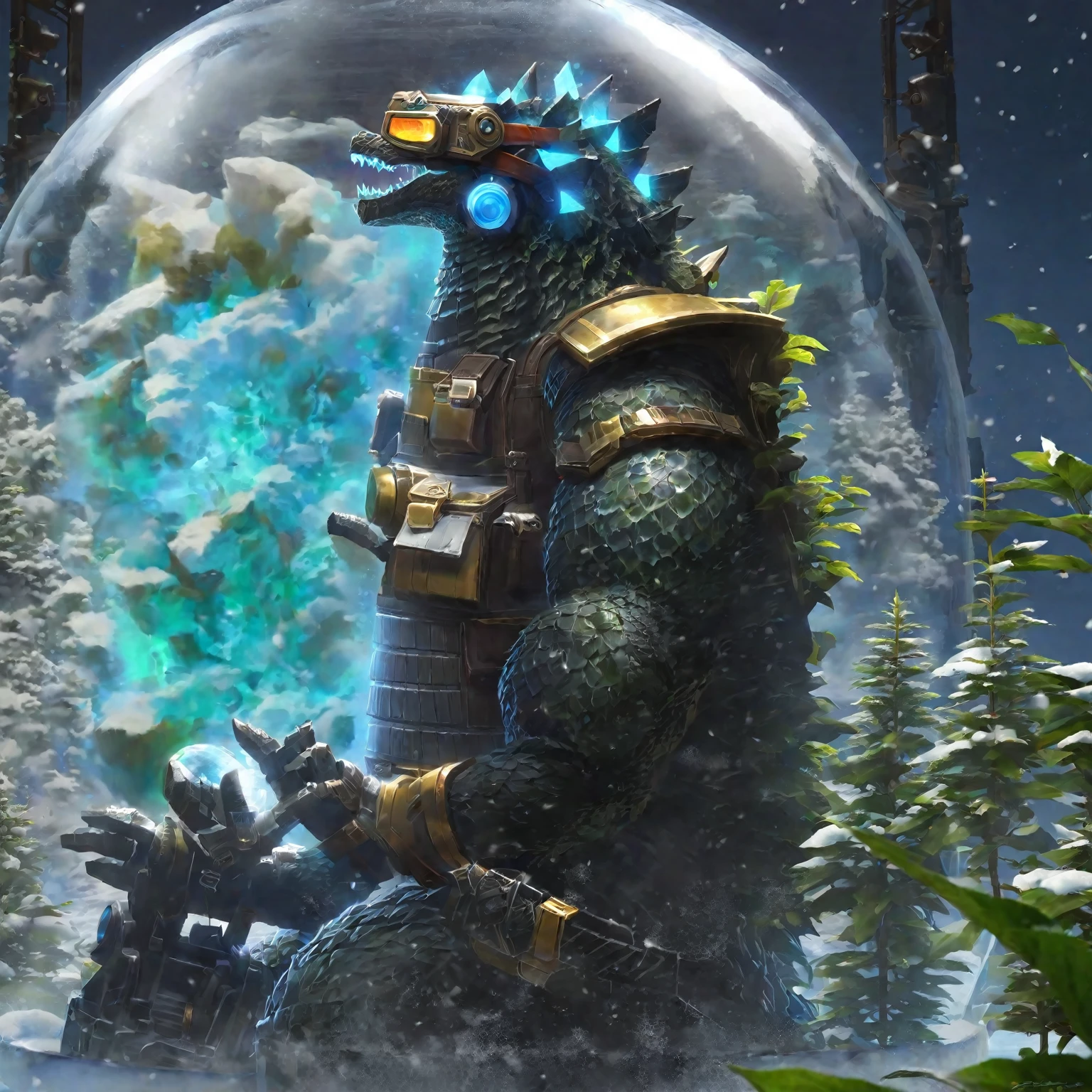 A partiality side view of an elegant Godzilla, with dark goggles and wearing fashion accesories, he is watching an experimental nuclear explosion inside a giant snow-globe like structure in the distance, surrounding plants slightly glowing with bioluminesce.