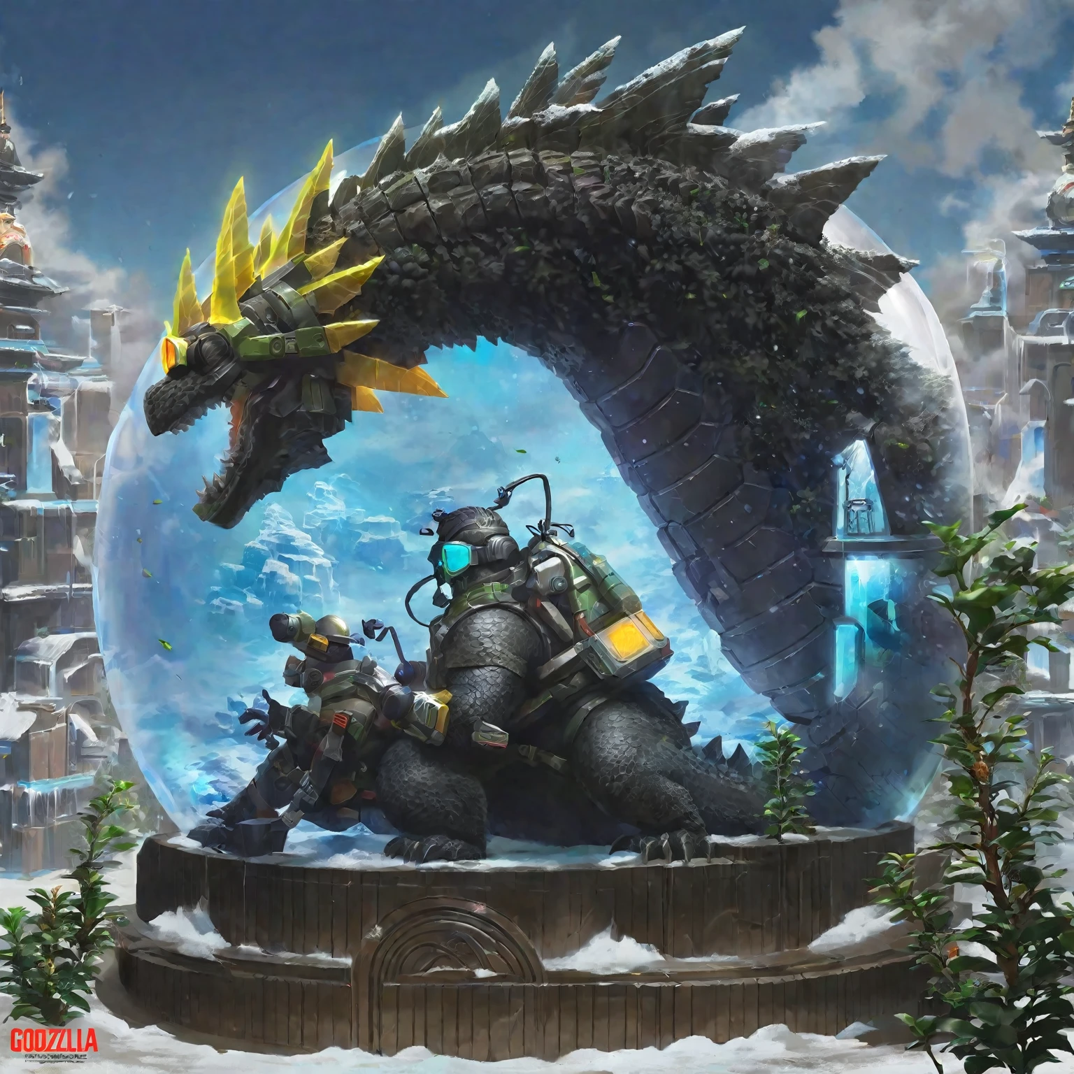 A partiality side view of an elegant Godzilla, with dark goggles and wearing fashion accesories, he is watching an experimental nuclear explosion inside a giant snow-globe like structure in the distance, surrounding plants slightly glowing with bioluminesce.
