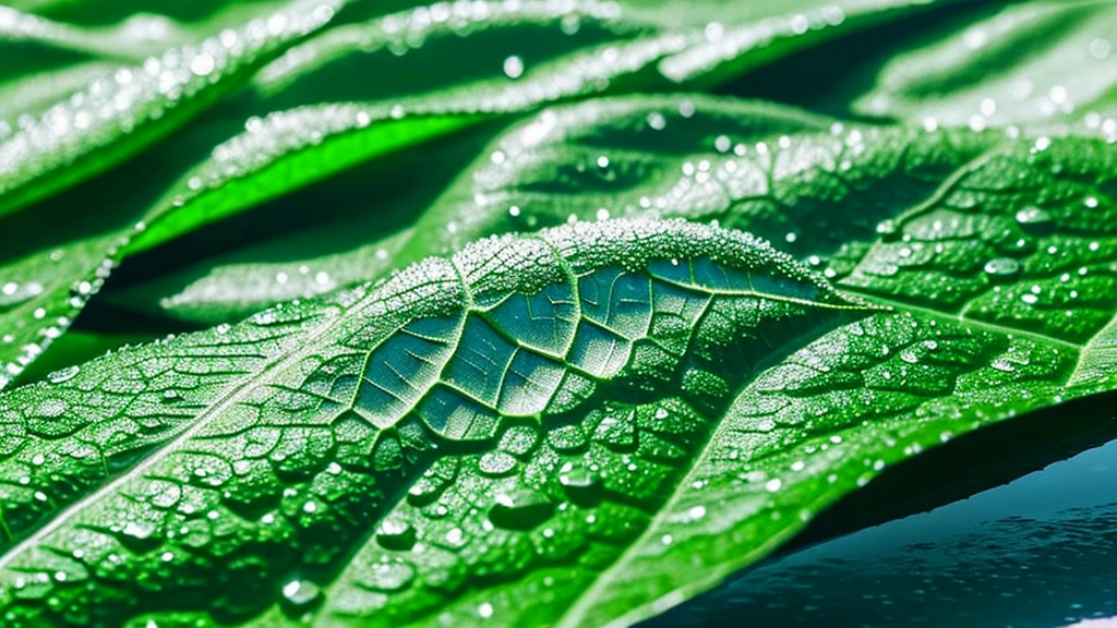 Create a digital artwork featuring a dew-covered leaf with a highly detailed, reflective water droplet that contains an entire world within it, showcasing the concept of macro photography and surrealism.