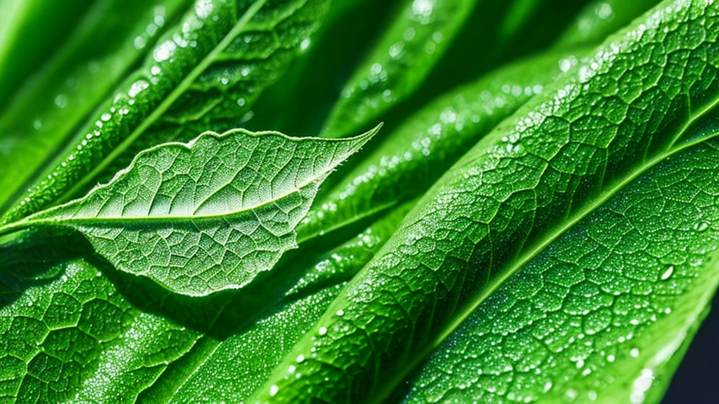 Create a digital artwork featuring a dew-covered leaf with a highly detailed, reflective water droplet that contains an entire world within it, showcasing the concept of macro photography and surrealism.
