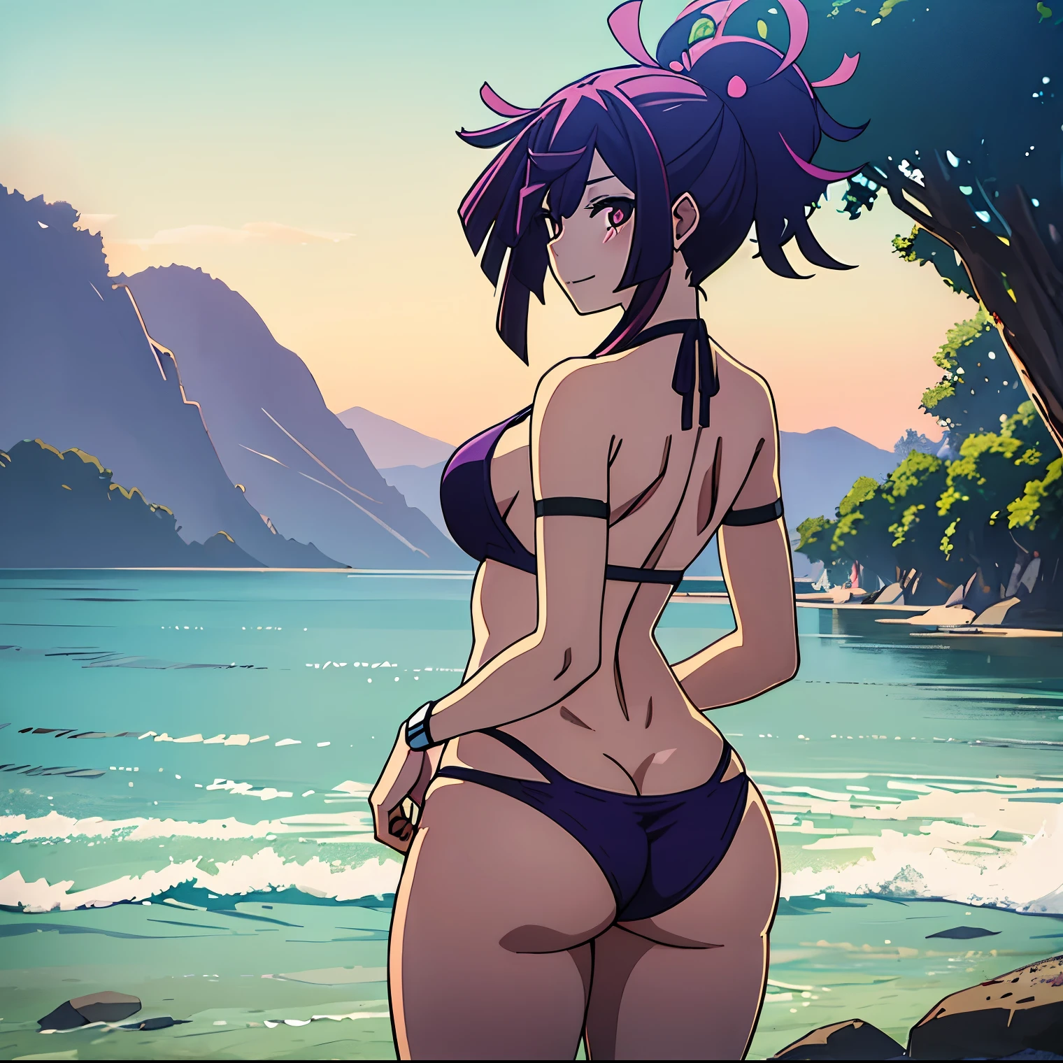 1 girl, alone, yuzuriha (jigokuraku), best quality, masterpiece, ultra detailed, sharp lighting, super detailed eyes, soft smooth skin, fair skin, Looking at viewer, (tilted: 1.2), purple hair, brown eyes, ((dark purple swimsuit)),((bikini))((two-piece swimsuit)), cleavage, medium breasts, medium waist, wide hips, wide thighs, bun, medium hair, ((separated breasts) ), seductive smile, (blush: 1.1), sexy body, dynamic posture, curvy body, Looking back, from behind, focus on ass, point of view (from below), standing, old Japanese beach, sea, outside, Japanese, sunny, clouds, sengoku period, city (NSFW 1.5), good body physiognomy, perfect anatomy, 5 fingers in the palm, perfect hands