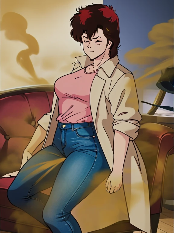 HD, high quality, high resolution, ultrahd,Kaori Makimura, 1female, solo, wearing default outfit, light pink shirt, white coat, wearing coat over tshirt, jeans, default hair, brown hair, very tall body, thin body, massive fart, yellow smoke, velocity, closed eyes, sitting on chair, leaning on chair, annoyed face, clenching teeth, angry, raising hips, lifting hips, alone in a room, viewing ass, beautiful lighting, highlights