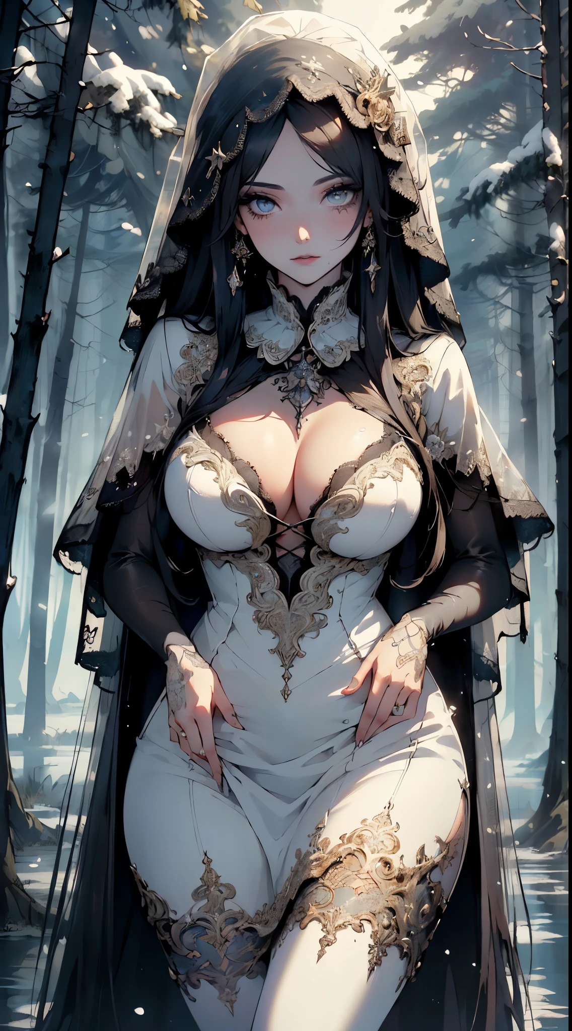 ((((Beautiful ghost, peeling skin:1.3, pale glowing skin:1.3, enchanting and mysterious atmosphere, horror)))),
(((pale hair:1.35,(straight hair:1.3)),((very straight hair,very_long hair:1.5)),
((extremely delicate and beautiful girl)), 1girl,sexy,
intricate eyes,beautiful detailed eyes,symmetrical eyes,big eyes:1.5,
(cute,slutty,sensual,seductive look,seductive,((erotic)),opulent,((nsfw))),
(((visible dark circles, gothic makeup, dramatic makeup))),(((wedding dress with veil), torn dress, ((white dress)),sexy dress,show skin)), (((intricate outfit,intricate clothes,ornate outfit,ornate clothes,intricate dress,ornate dress))),
(centered,scale to fit dimensions,Rule of thirds),
((snowy pine forest at night, dark forest, swamp, murky water, foggy, creepy aura, eerie atmosphere)),with dark stormy clouds,winter,scenery:1.25,((snow forest background)),Christmas tree,
highres,sharp focus,(ultra detailed,extremely detailed),(photorealistic artwork:1.37),(extremely detailed CG unity 8k wallpaper),(((vibrant colors,vibrant theme))),(intricate),(masterpiece),(best quality),