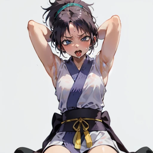 1girl, (masterpiece:1.3), (high resolution), (8K), (extremely detailed), (4k), (pixiv), perfect face, nice eyes and face, (best quality), (super detailed), detailed face and eyes, (solo), textured skin, absurdres, highres, wzkomachine, white eyes, large breasts, sash, bike shorts, short sleeves, bangs, black gloves, fingerless gloves, long hair, black hair,ponytail, japanese clothes, kimono, sitting on floor, looking at viewer,Nipple exposure,Sexy, flirtatious, Solitary, Side breast,eternity, - Hip vents, No underwear,Small Breasts, No eyeballs, Also available in black, low twin braids,Facing the audience, looking at the audience, tired, from below, (Exposed armpit:1.1), ((armpit:1.2)), sexy, Sweating, More and more sweat,(ahegao), (Roll your eyes), Naughty face, blush, open mouth, Sticking out tongue, saliva, Slobber,Skinny, raise arms, (arms above head:1.5)