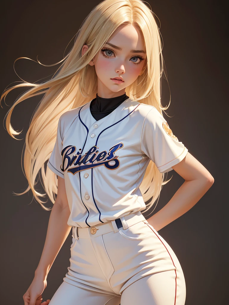 (best quality), 1girl, female, porcelain skin, blonde hair, straight hair, medium hair, swoopy tips, Flipped-up ends, brown eyes, perfect eyes, slender, baseball uniform, small bust, shy, masterpiece, anatomically correct, highres
