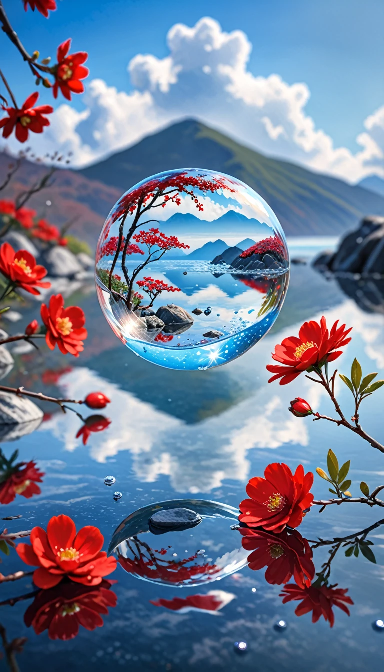 outdoor, glass, water, no-humans, still life, Vague, bubble, landscape, water drop, ocean, sky, sky空, blue sky空, cloud, Vague background, Depth of Field, reflection, Solitary, rock, 运动Vague, Mountain, Red flowers, Branches, ice
