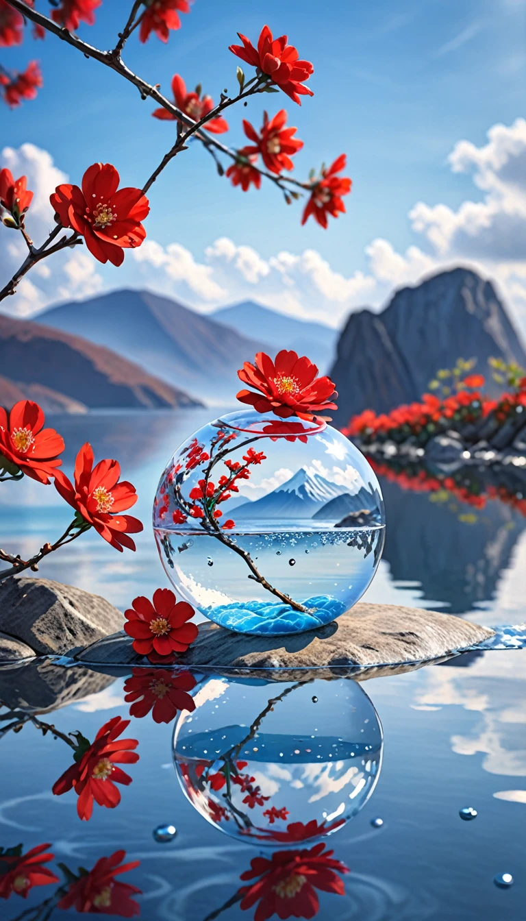 outdoor, glass, water, no-humans, still life, Vague, bubble, landscape, water drop, ocean, sky, sky空, blue sky空, cloud, Vague background, Depth of Field, reflection, Solitary, rock, 运动Vague, Mountain, Red flowers, Branches, ice