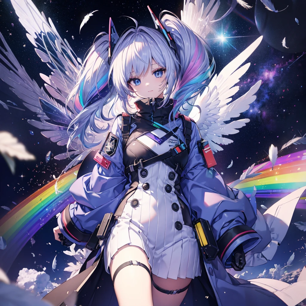 ((Archangel Fantasy Rainbow Hair Make your hair rainbow-colored on the inside Twin tails Dull blue eyes Has a galaxy uniform Put on a coat without putting your arms through it Wings many times larger than mine rainbow gradient feathers Digital Wings Pillar of Light cyber punk Smiling Kindly front)) ((tears gloves)) (Broken glass Rolling Pebbles Distorted Space-Time star) Catch the wind milky way Shining Background Particles of light, rainbow colored edges Shining Edge star