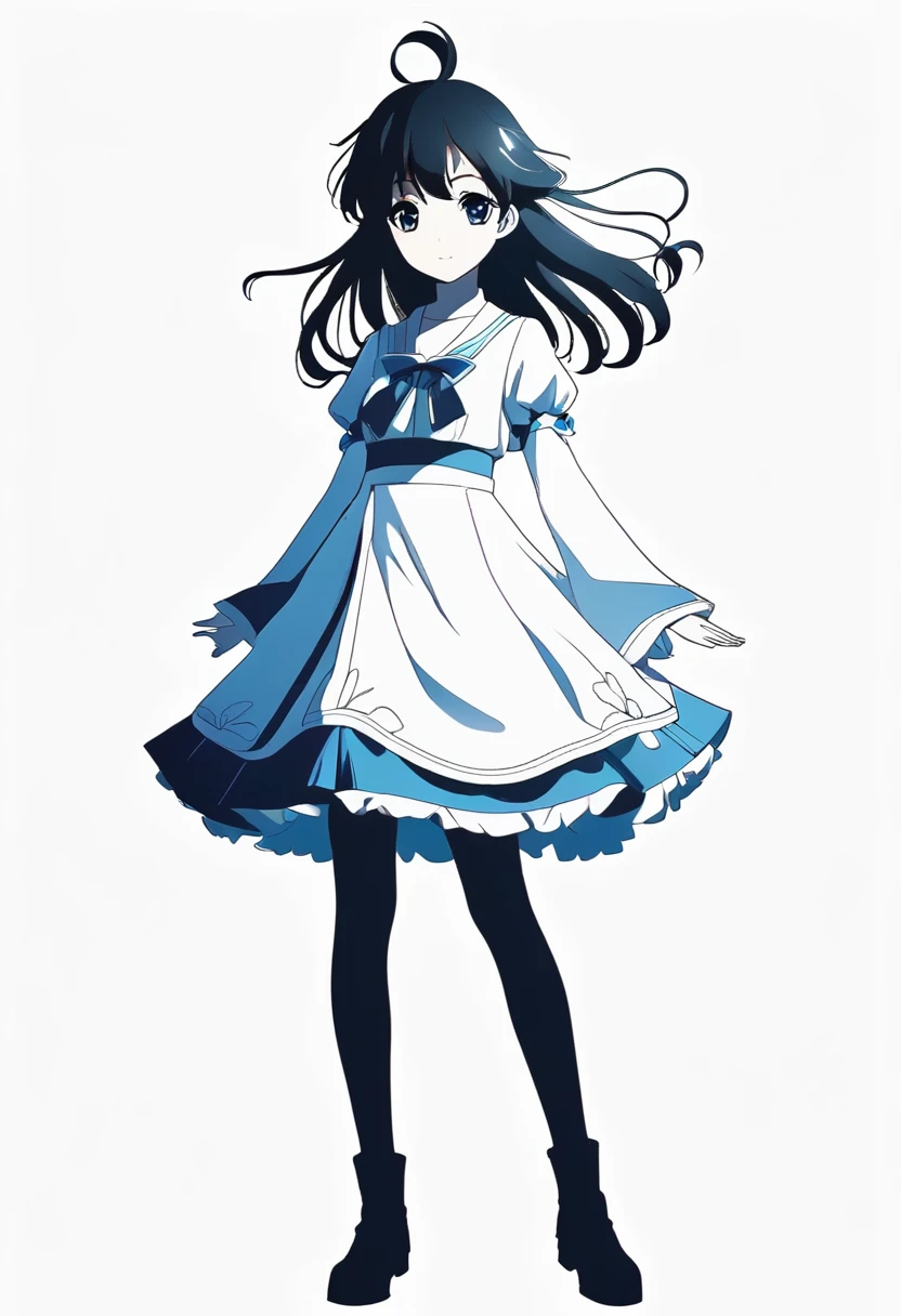 silhouette of girl, a cute girl , wearing an anime dress, The character design is in the style of anime with a white background and a full body portrait. 