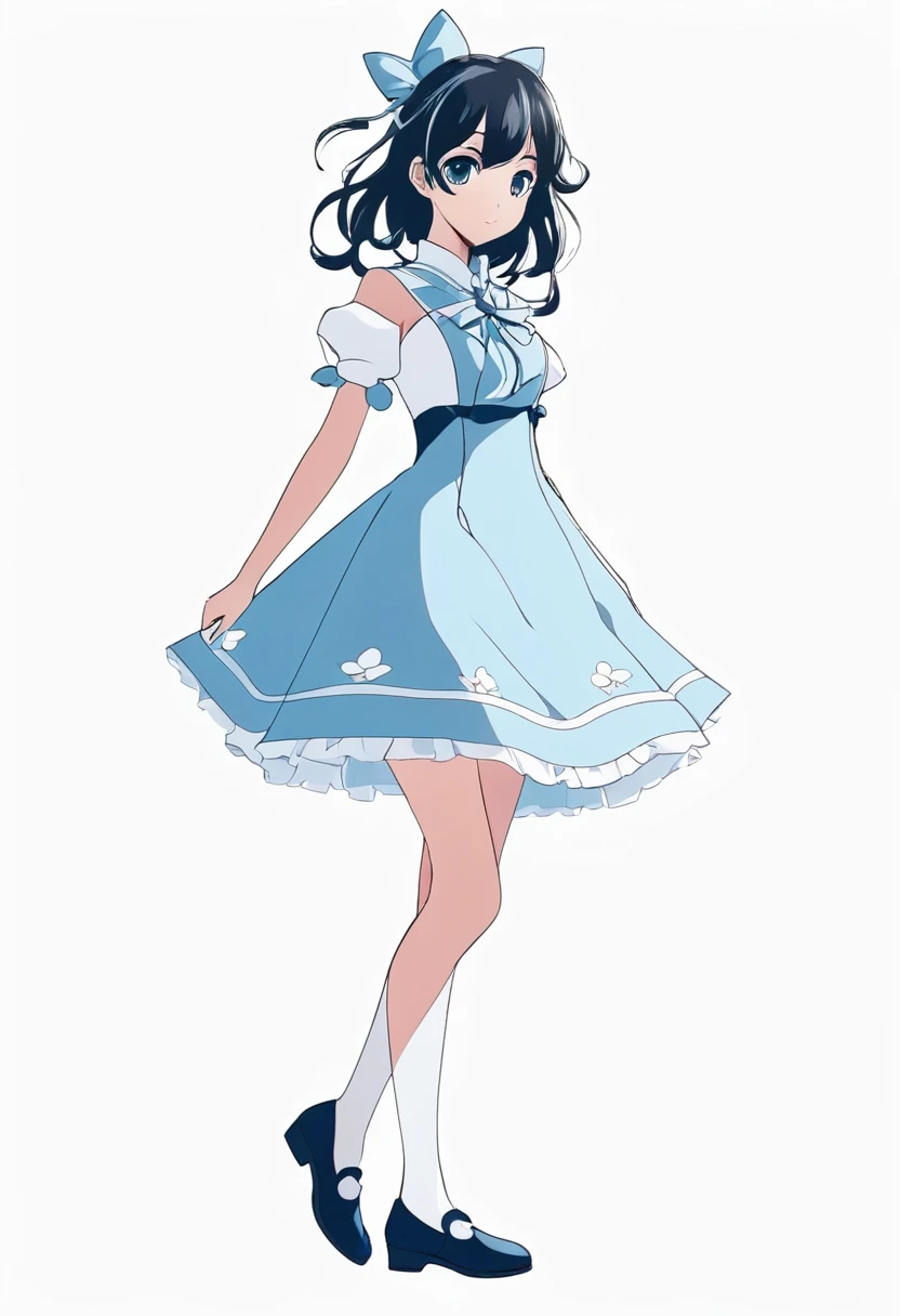 silhouette of girl, a cute girl , wearing an anime dress, The character design is in the style of anime with a white background and a full body portrait.