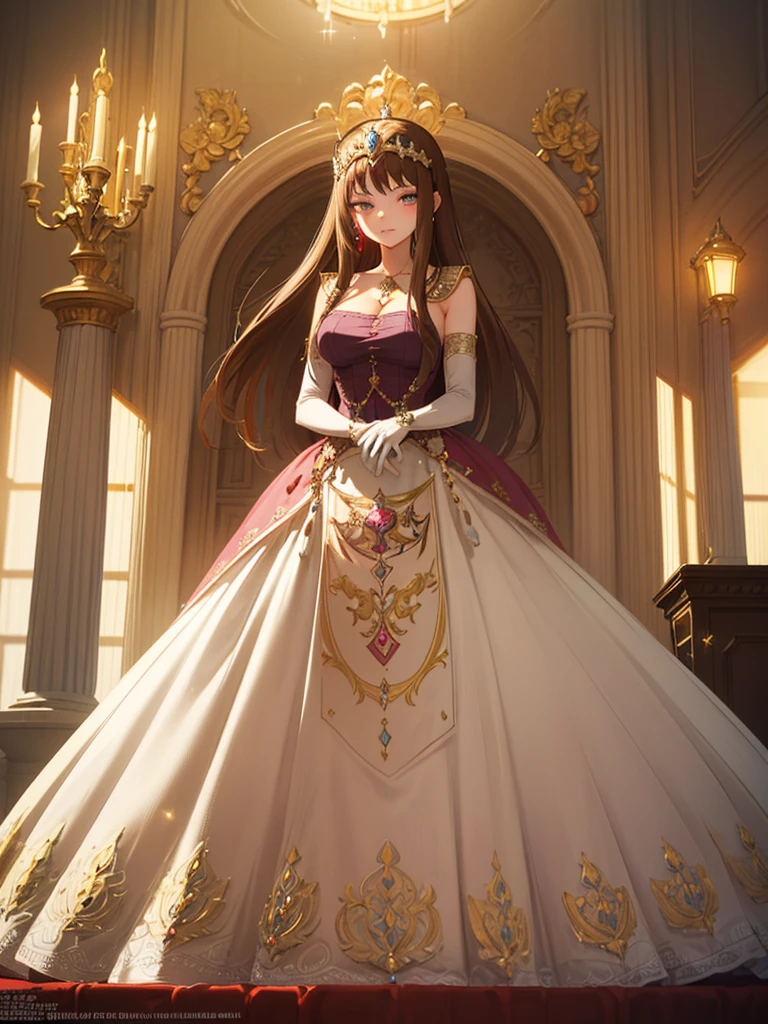 ((Dark brown hair)),Anime art style,masterpiece,(Highest quality), ((Scared)),(Very detailed),(Very delicate and beautiful),(alone),,(Detailed face and eyes),Beautiful eyes like jewels,(A truly gorgeous jeweled ruffled rococo ball gown dress),(((Mature Woman,Queen))),((1 Queen in a beautiful embroidery and jeweled absolutely gorgeous rococo ballgown dress with voluminous full length hoop skirt)),((crinoline)),Absolutely gorgeous highly detailed rococo ball gown dress with ruffled voluminous full length hoop skirt,((Long Straight Hair)),(),Cleavage,length_gloves,Very gorgeous hair accessory,Sparkling、,((Gorgeous Glitter Jewelry)),