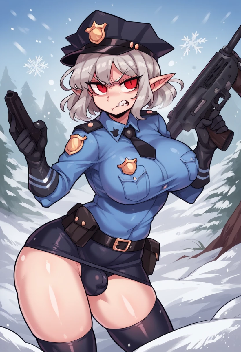 NSFW,((Perfect human body)),One girl, Red eyes, Wavy silver hair, Pointed Ears, vampire, Drooping eyes,Police uniform,Angry expression,Police hat,skirt,Mobile Task Force Equipment,Big Breasts,Hair Flowers, snow, ice, whole body,Ready a rifle,bulge in the crotch