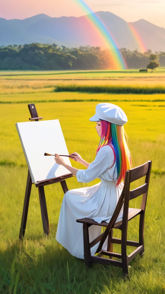 1 Female, Beautiful, Humble, Kind, long hair upper waist Stright, Multi-Colours rainbows Hairs, wear white plain colours Newsboy Cap, White Drees flowing with skirt, holding brush sit on small wooden chairs front blank canvas, Open grassland background in the morning.