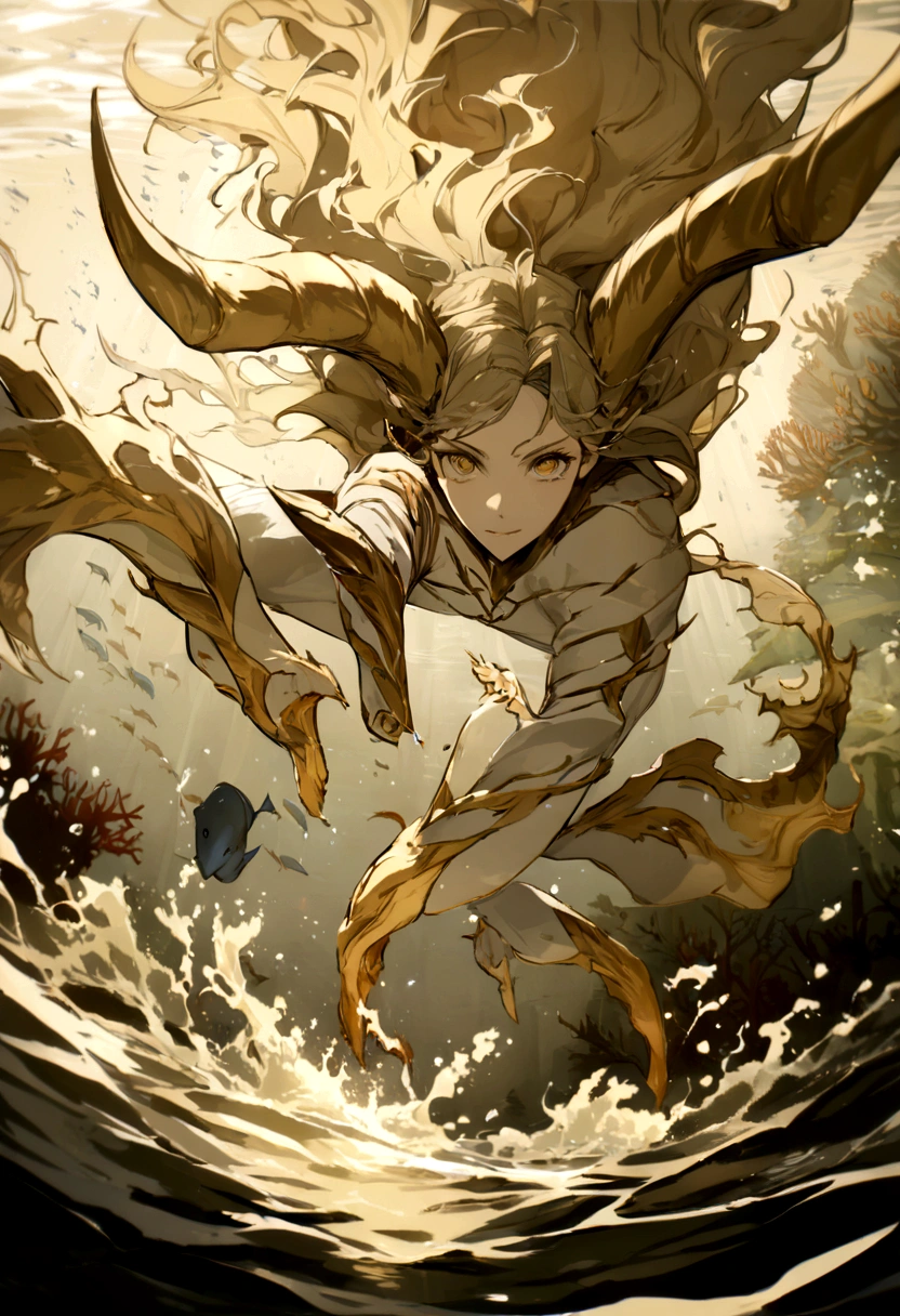 Horny Fire Style - Gravity Magic, (Traces of blood:0.7), View your viewers, alone, Half Shot, Detailed Background, close, (50%Wicked Ivory Gold Die, Ivory Gold Theme:1.1), Superhero, focus on, Dynamic pose, In the water, Underwater, (fish:0.6), swimming, Coral, Electrical sparks, Battle Scenes, Cinematic atmosphere, horn, (masterpiece:1.3) (最high quality:1.2) (high quality:1.1)