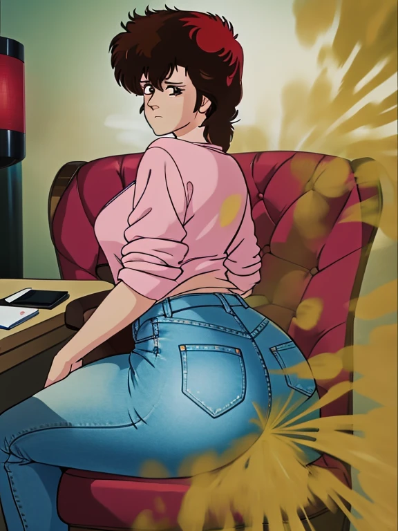 HD, high quality, high resolution, ultrahd,Kaori Makimura, 1female, solo, wearing default outfit, light pink shirt, white coat, wearing coat over tshirt, jeans, default hair, brown hair, very tall body, thin body, massive fart, yellow smoke, velocity, sitting on chair, leaning on chair, annoyed face, raising hips, lifting hips, alone in a room, viewing ass, beautiful lighting, highlights