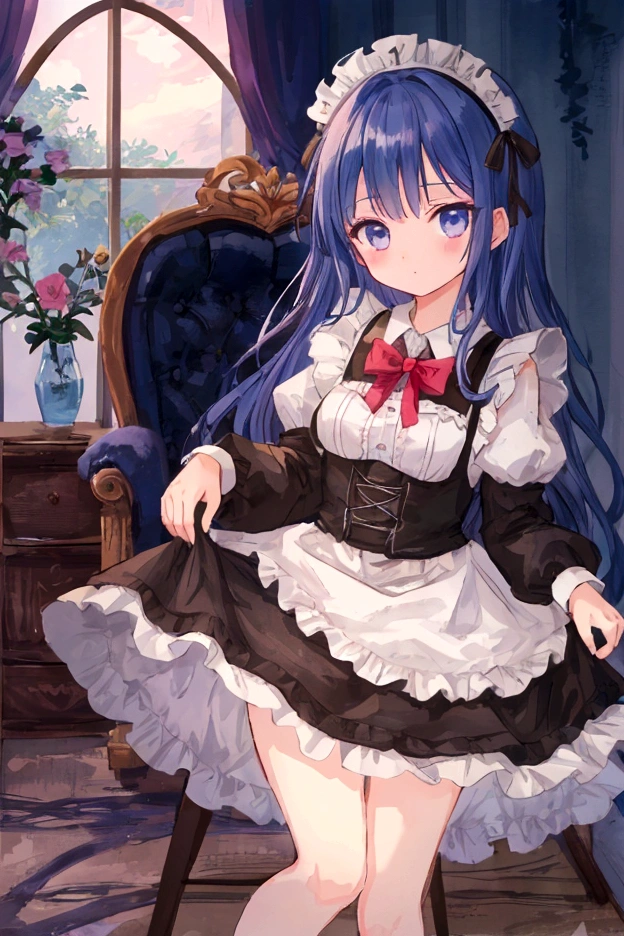 (super fine illustration:1.3), (best quality, masterpiece:1.2), detailed face
(1 girl:1.3), (solo:1.3), <lora:age_v2:0.01>
(colored hair:1.3), short hair, (side up twin tail:1.3), (beautiful green eyes:1.2), (flat chest:1.1), (small body:1.4)
waiza, sitting, arms behind, indoors
(maid outfit, maid cosplay:1.3), thighhighs, (Brown knee high socks, long socks:1.2), high socks