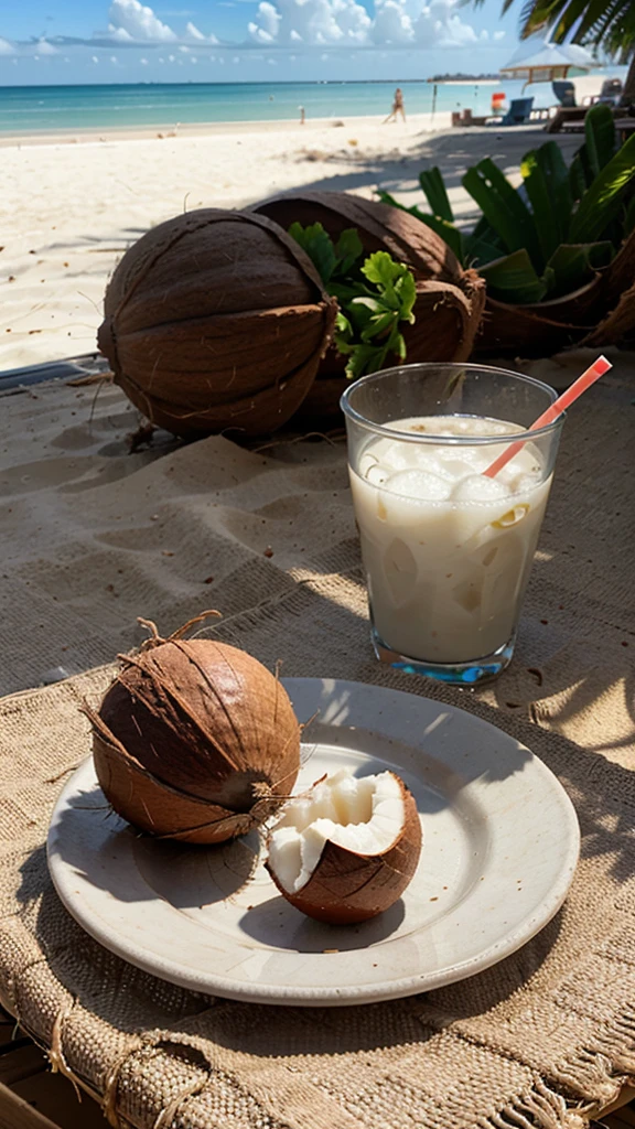2 raw coconuts kept in 2 different plates , on a table , beach in background , straws into them