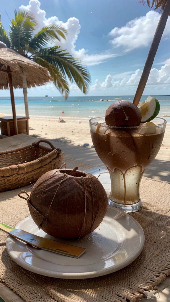 2 raw coconuts kept in 2 different plates , on a table , beach in background , straws into them