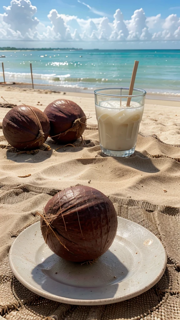 2 raw coconuts kept in 2 different plates , on a table , beach in background , straws into them 