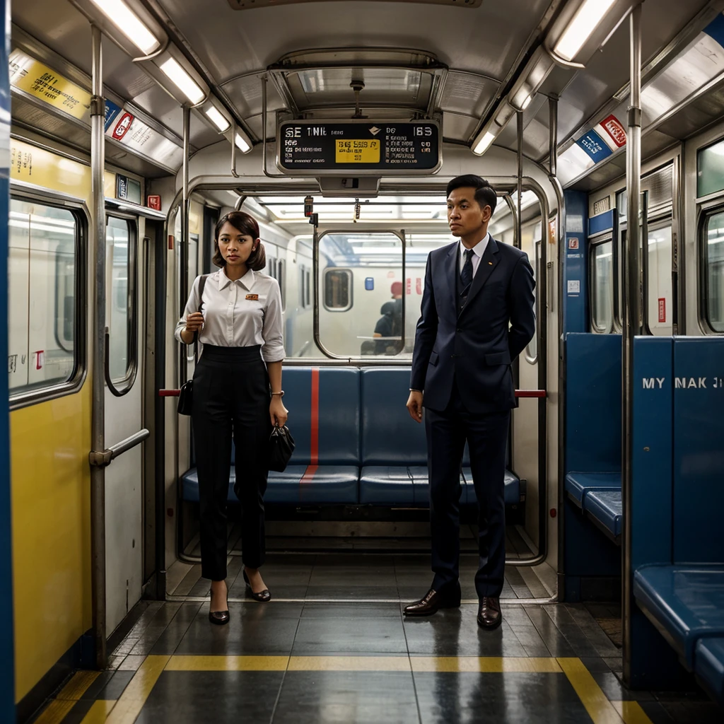 make me a film poster entitled "My Love in Train Carriage Number One" in Oppenheimer style, the appearance of the train is an electric train, with a busy background at the station in the city of Jakarta, Indonesia