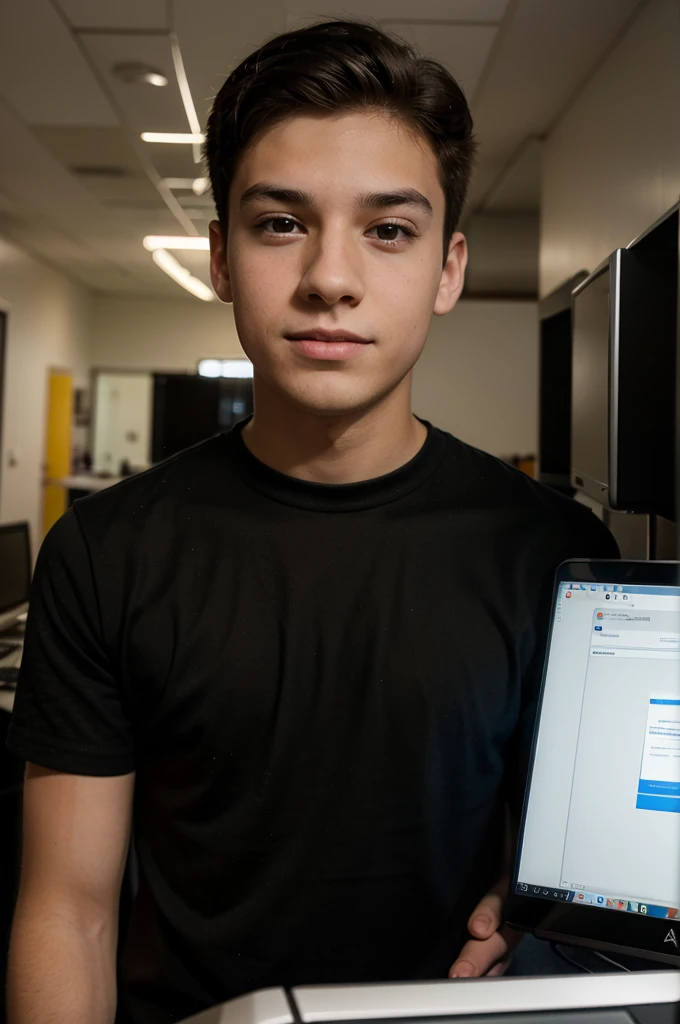 A young man, Alex, in front of the computer with a curious expression