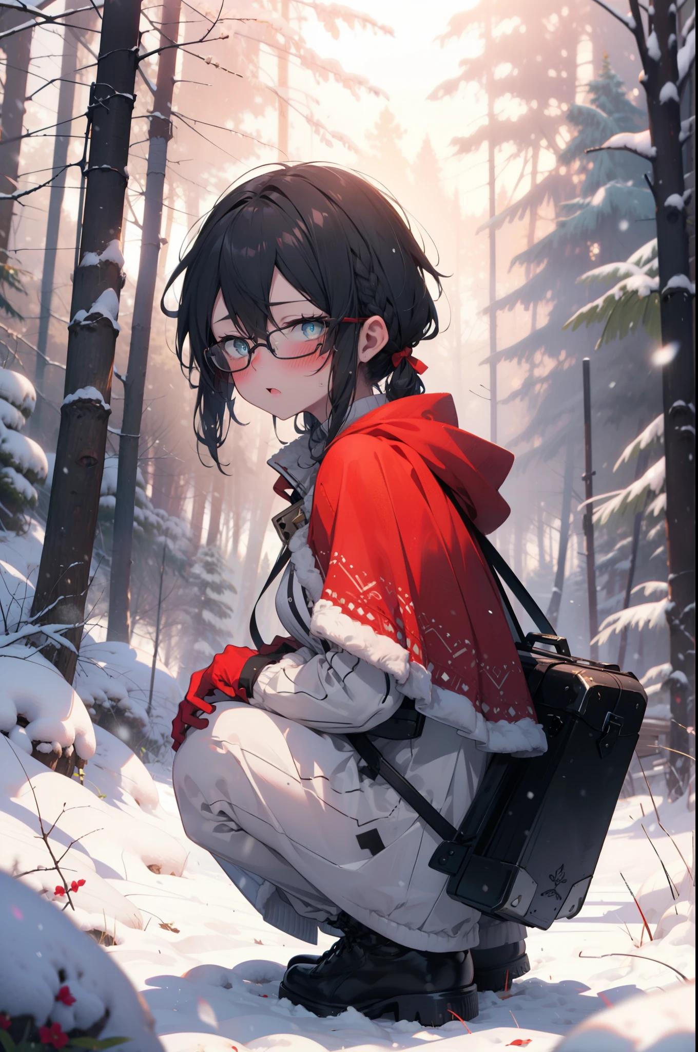 Shino Asada, Shino Asada, (black eye:1.5), Black Hair, Hair between the eyes, Hair Ribbon, short hair, Side Lock, Glasses, (Small breasts:1.2),blush,White Breath,
Open your mouth,snow,A bonfire on the ground, Outdoor, boots, snowing, From the side, wood, suitcase, Cape, Blurred, having meal, forest, White handbag, nature,  Squat, Mouth closed, Cape, winter, Written boundary depth, Black shoes, red Cape break looking at viewer, Upper Body, whole body, break Outdoor, forest, nature, break (masterpiece:1.2), Highest quality, High resolution, unity 8k wallpaper, (shape:0.8), (Beautiful and beautiful eyes:1.6), Highly detailed face, Perfect lighting, Extremely detailed CG, (Perfect hands, Perfect Anatomy),