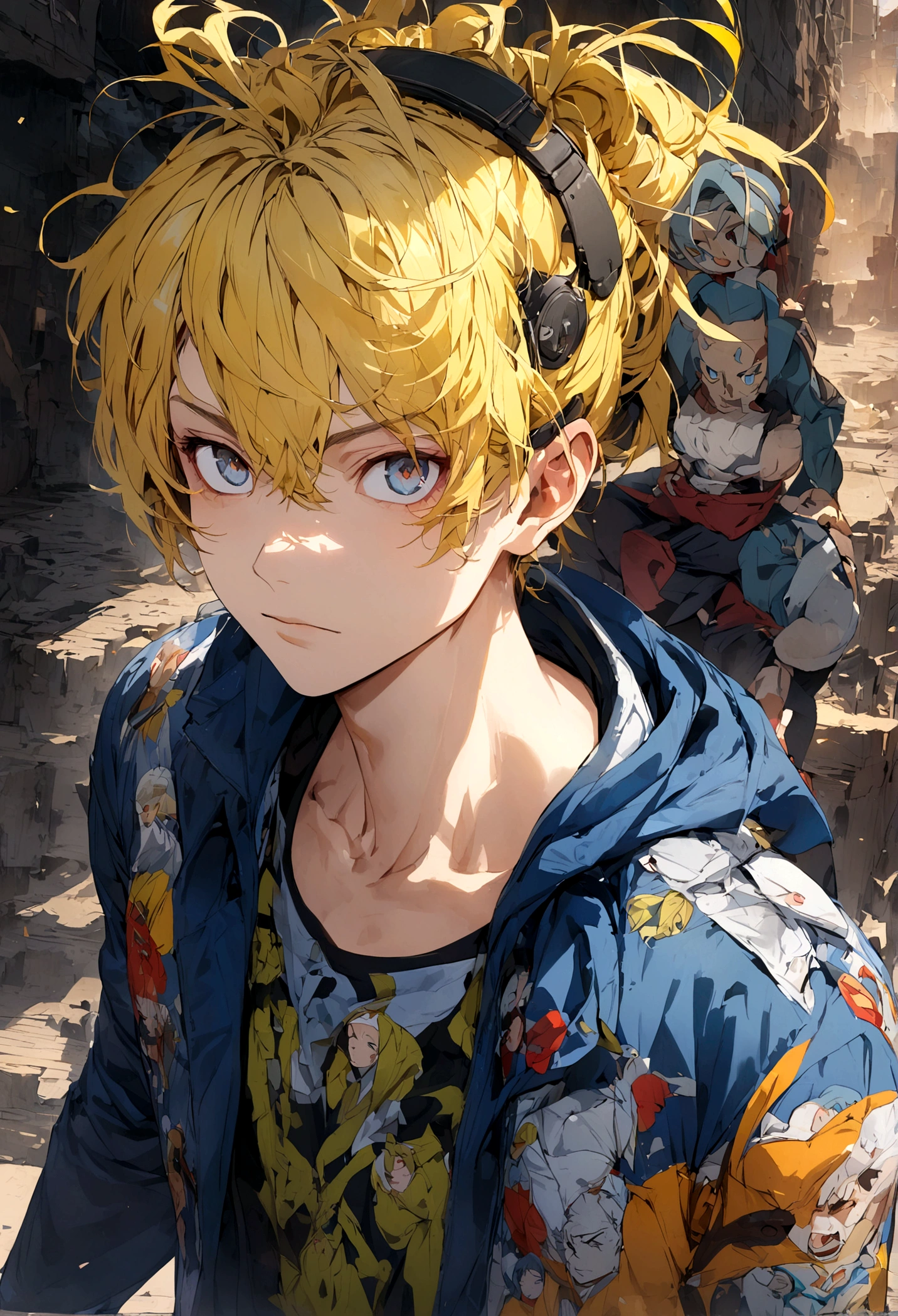 Yellow hair, blue jacket, black headset on his head and his anime character